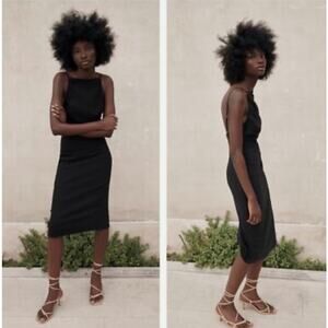 New Zara Square Neck Draped Midi Bodycon Dress Linen Black XL Large Low Back